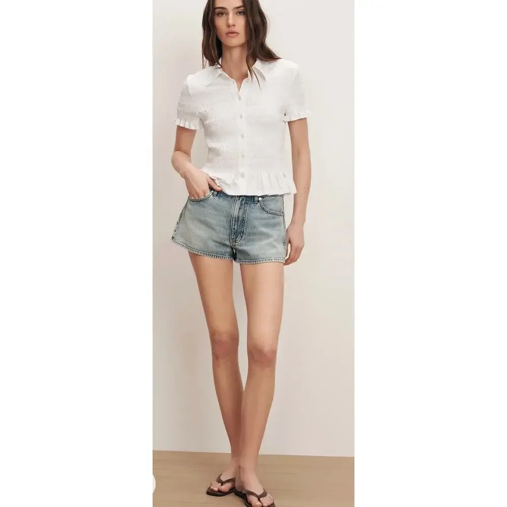 Chic Veronica Beard Ellisandra Smocked Jersey Button-Down Top - Picture 2 of 6